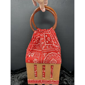 Vintage Wood Picnic Berry Basket Box Purse With Bakelite Handles Red Bandana